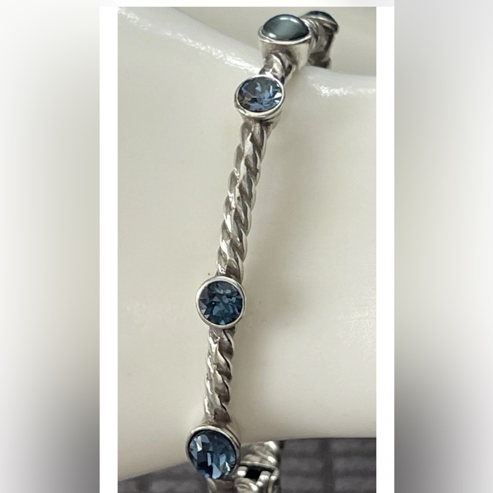 Brighton MONTE CARLO Silver Rope Hinged Blue Crystal Faux Pearl Bangle Bracelet - Picture 10 of 12